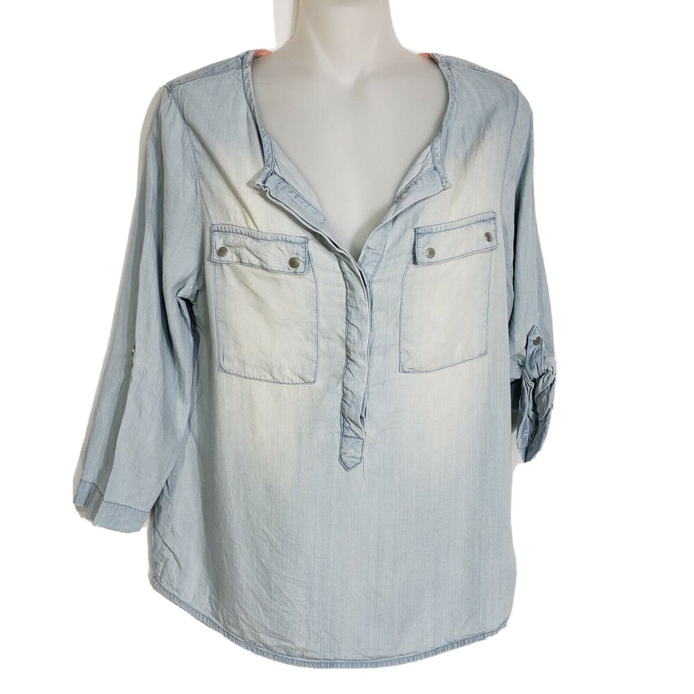 Skylar + Jade Womens Small Blouse Top Tencel Pullover Tab Sleeves Pockets Blue